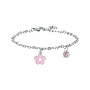 BRACCIALE BAMBINA IN ACCIAIO CON FIORE CON SMALTO ROSA E BIANCO E CRISTALLO