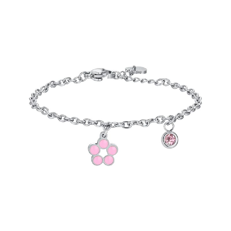 BRACCIALE BAMBINA IN ACCIAIO CON FIORE CON SMALTO ROSA E BIANCO E CRISTALLO