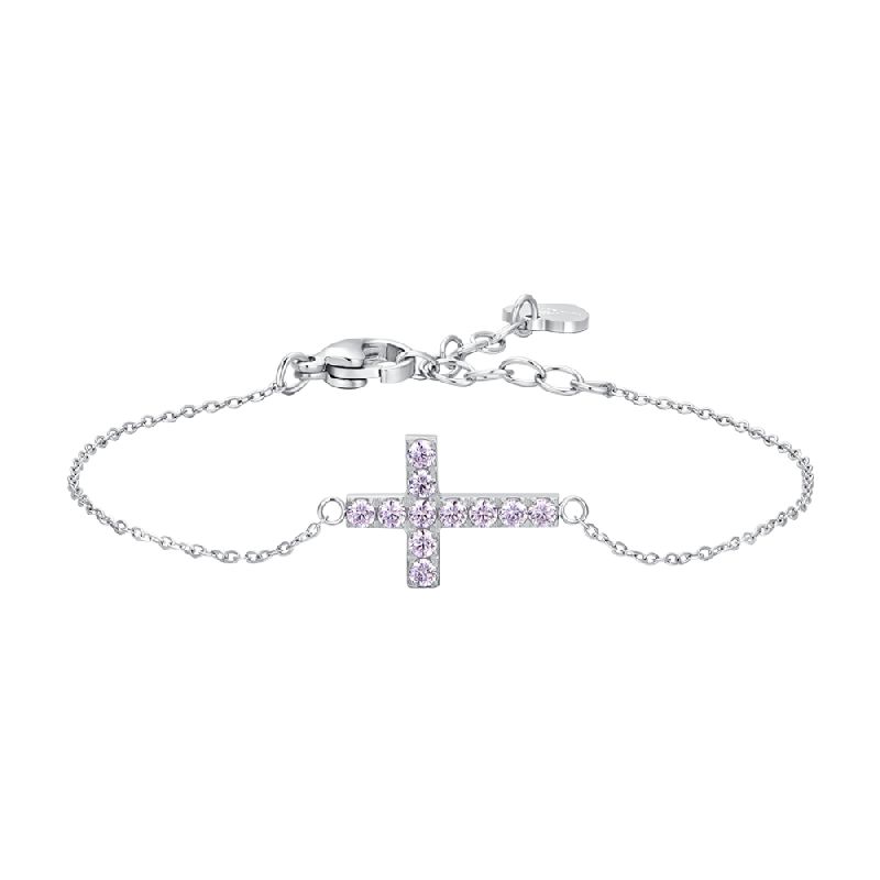 BRACCIALE DONNA IN ACCIAIO CON CROCE E ZIRCONI ROSA