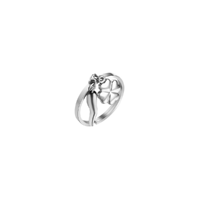 ANELLO DONNA IN ACCIAIO CON CORNO E QUADRIFOGLIO