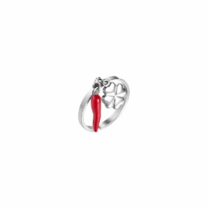 ANELLO DONNA CON CORNO ROSSO E QUADRIFOGLIO