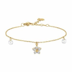 BRACCIALE DONNA IN ACCIAIO COLORE ORO CON PENDENTE FIORE E PETALI ZIRCONE VERDE