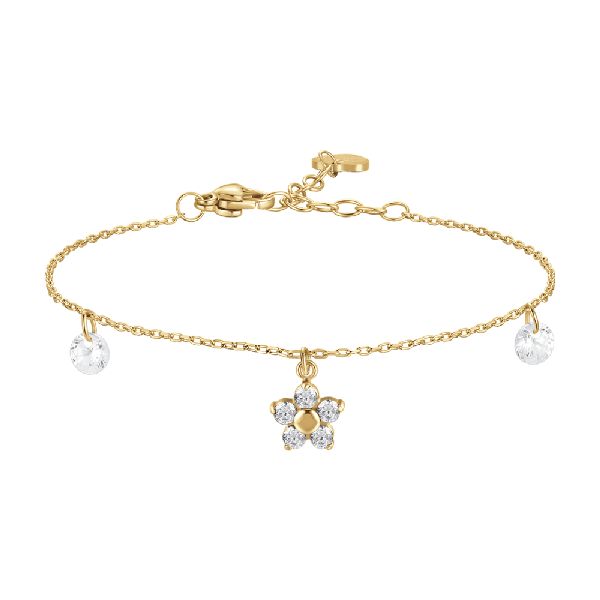 BRACCIALE DONNA IN ACCIAIO COLORE ORO CON PENDENTE FIORE E PETALI ZIRCONE VERDE
