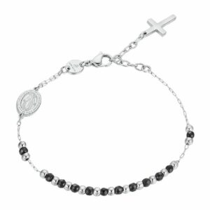 BRACCIALE ROSARIO UOMO CON PIETRA EMATITE NERA. MADONNA MIRACOLOSA E CROCE IN AC