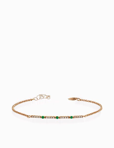 bracciale con catena in oro rosa bacchetta centrale con diamanti e smeraldi