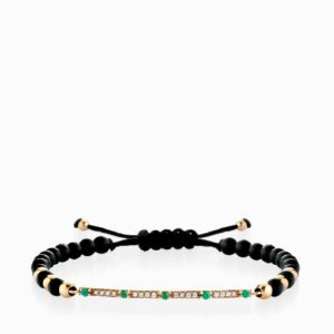 bracciale con laccio in oro rosa bacchetta centrale con diamanti e smeraldi