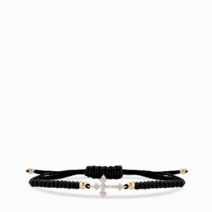 bracciale con laccio nero croce di diamanti in oro giallo