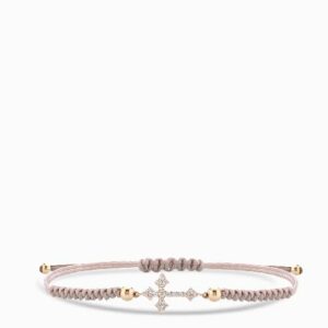 bracciale con laccio beige croce di brillanti in oro giallo