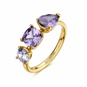Anello DREAMING in acciaio 316L, finitura pvd colore oro, con cubic zirconia square, cushion e pear ametista