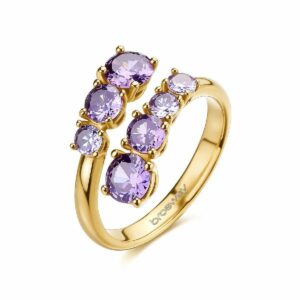 Anello DREAMING in acciaio 316L, finitura pvd colore oro, con cubic zirconia round e cushion ametista