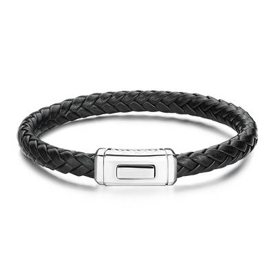Bracciale in pelle nera con elemento chiusura in acciaio 316L lucido e satinato.