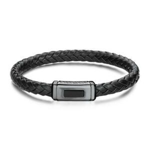 Bracciale in pelle nera con elementi in acciaio 316L e finiture pvd colore rutenio e pvd colore nero.