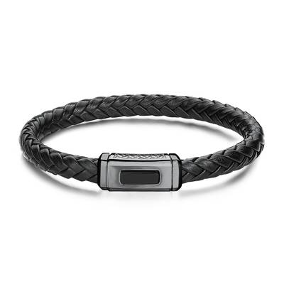 Bracciale in pelle nera con elementi in acciaio 316L e finiture pvd colore rutenio e pvd colore nero.