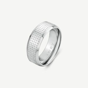 Anello a fascia larga in acciaio 316L lucido e sabbiato.