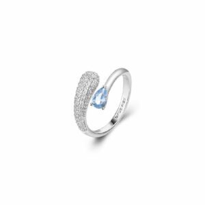Anello contrari&eacute; in argento rodiato 925&permil; con cubic zirconia chiari e colore light sapphire.