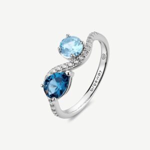 Anello 14 FANCY in argento 925/1000 rodiato, con cubic zirconia sapphire e light sapphire forma round e pear