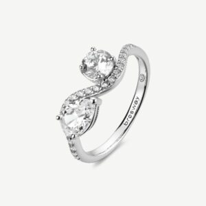 Anello 14 FANCY in argento 925/1000 rodiato, con cubic zirconia white forma round e pear