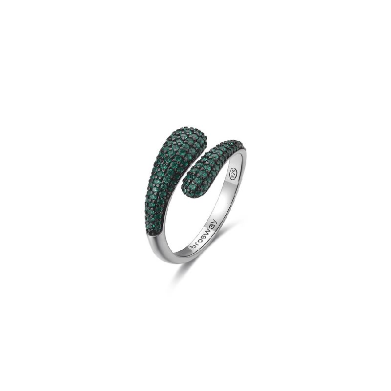 Anello contrarié in argento rodiato 925‰ con galvanica colore rutenio e cubic zirconia colore emerald.