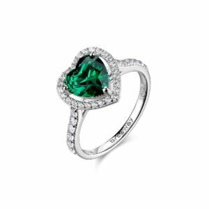 Anello in argento rodiato 925&permil; con cuore, cubic zirconia chiari e cubic zirconia colore emerald.