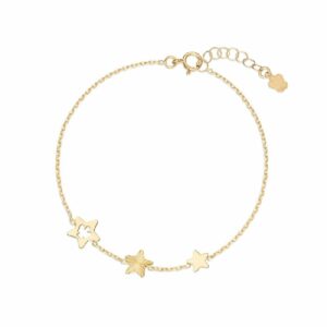 Bracciale con tre stelle in oro, di cui una diamantata e un'altra con angelo traforato.