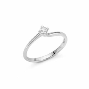 Solitario con diamante a valentino con griffe arrotondate in oro bianco