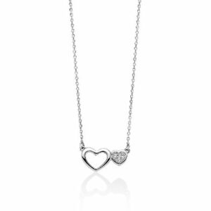 Collana in oro bianco 375 e due cuori centrali con diamanti