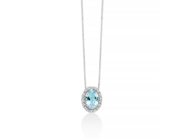 Collana con acquamarina ovale e diamanti in oro bianco