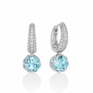 Orecchini a cerchio con pendente in argento 925 con pietre topazio azzurro e topazi bianchi