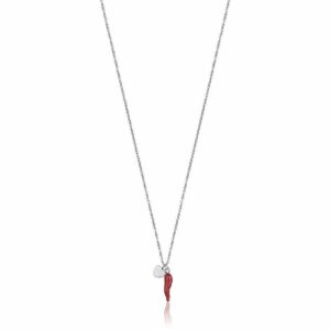 COLLANA DONNA IN ACCIAIO CON CUORE E CORNO ROSSO
