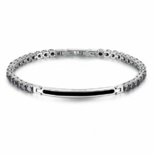 Tennis di zirconi neri da uomo realizzato in acciaio anallergico rodiato. Targa centrale con smalto nero.
Ha lunghezza massima di 23 cm e chiusura con maglie rimovibili.