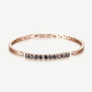 Bracciale semirigido in acciaio 316L e finitura pvd oro rosa 14K con zirconi neri.
