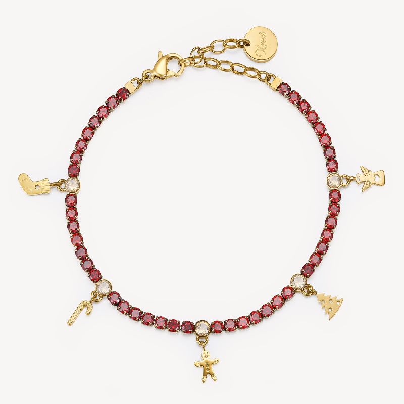 Bracciale tennis in acciaio 304, finitura oro con cubic zirconia d-garnet e cristalli champagne con pendenti a forma di calza natalizia, bastoncino di zucchero, omino pan di zenzero, albero di natale e angelo.