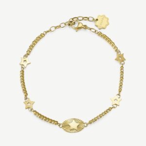 Bracciale semirigido in acciaio 316L e finitura pvd oro 14K con stelle e cristalli.
