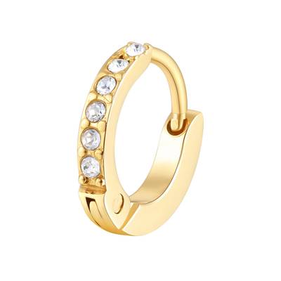 Orecchino singolo in acciaio 316L e finitura pvd oro 14K con cristallo.
