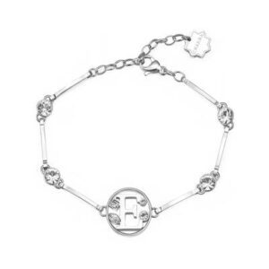 Bracciale semirigido in acciaio 316L con lettera E e cristalli.