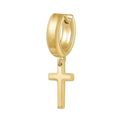 Orecchino singolo a cerchio in acciaio 316L e finitura pvd oro 14K con pendente a forma di croce.