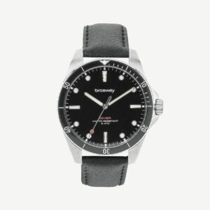 Orologio solo tempo in acciaio 304 con ghiera girevole, quadrante copper nero, cinturino in pelle nera e fibbia in acciaio.