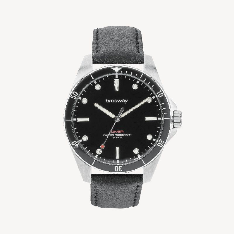 Orologio solo tempo in acciaio 304 con ghiera girevole, quadrante copper nero, cinturino in pelle nera e fibbia in acciaio.