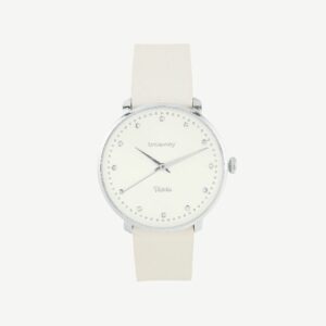 Orologio solo tempo in acciaio 304, quadrante copper argent&egrave; con cristalli, cinturino in pelle colore grigio con fibbia in acciaio.