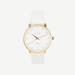 Orologio solo tempo in acciaio 304 e finitura pvd oro 14K, quadrante copper bianco con cristalli e cinturino in pelle bianca, fibbia in acciaio e finitura pvd oro 14K.