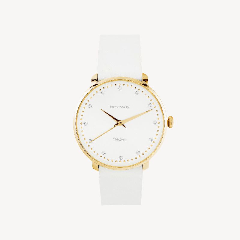 Orologio solo tempo in acciaio 304 e finitura pvd oro 14K, quadrante copper bianco con cristalli e cinturino in pelle bianca, fibbia in acciaio e finitura pvd oro 14K.