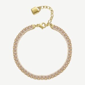 Bracciale tennis in acciaio 304 e finitura color oro con cubic zirconia quadrati champagn e pendente chiusura a forma di lucchetto.