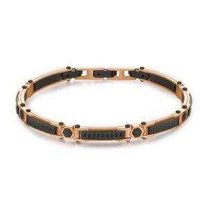 Bracciale semirigido in acciaio 316L, finitura pvd oro rosa 14K lucido e finitura pvd colore rutenio satinato con cubic zirconia neri.