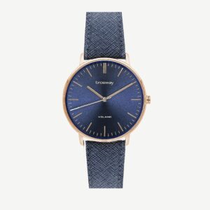 Orologio solo tempo in acciaio 304 e finitura pvd oro rosa 14K con quadrante blu, cinturino in pelle blu e fibbia in acciaio 304 e finitura pvd oro rosa 14K.