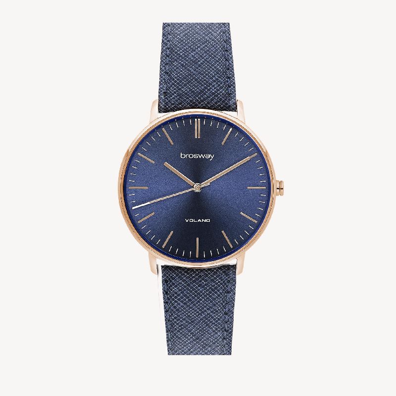 Orologio solo tempo in acciaio 304 e finitura pvd oro rosa 14K con quadrante blu, cinturino in pelle blu e fibbia in acciaio 304 e finitura pvd oro rosa 14K.