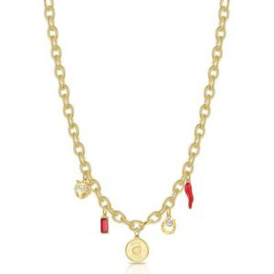 Collana catena rol&ograve; ovale in acciaio 316L e finitura pvd oro 14K con pendenti a forma di coccinella con incisione, cornetto in smalto rosso, ferro di cavallo e gufo, cristalli chiari e colore siam.