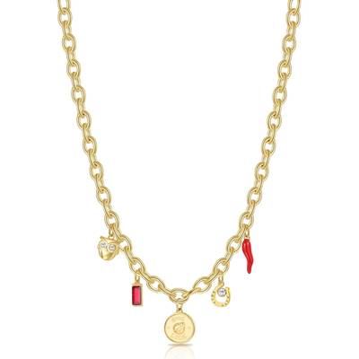Collana catena rolò ovale in acciaio 316L e finitura pvd oro 14K con pendenti a forma di coccinella con incisione, cornetto in smalto rosso, ferro di cavallo e gufo, cristalli chiari e colore siam.