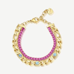 Bracciale tennis doppio filo con catena figaro in acciaio 304, finitura pvd oro 14K, cristalli colore indicolite e cubic zirconia colore ruby.