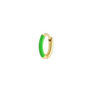 Orecchino singolo a cerchio in acciaio 316L e finitura pvd oro 14K con smalto verde.