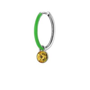 Orecchino singolo a cerchio in acciaio 316L con smalto verde e cristallo colore light topaz.